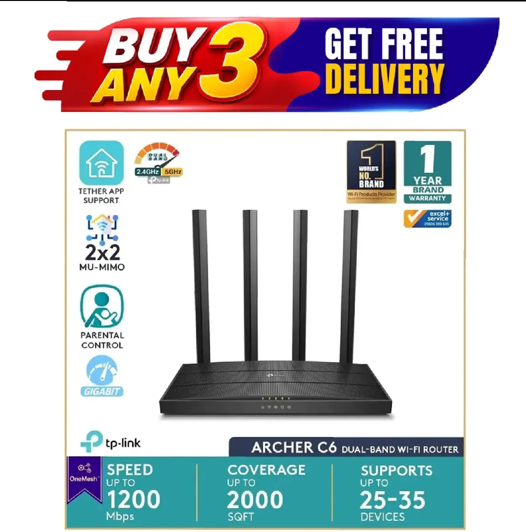 TP-Link Archer C6 V6 - Supports 802.11 AC Standard - Simultaneous 2.4GHz 400 Mbps - MU-MIMO Dual WiFi Router